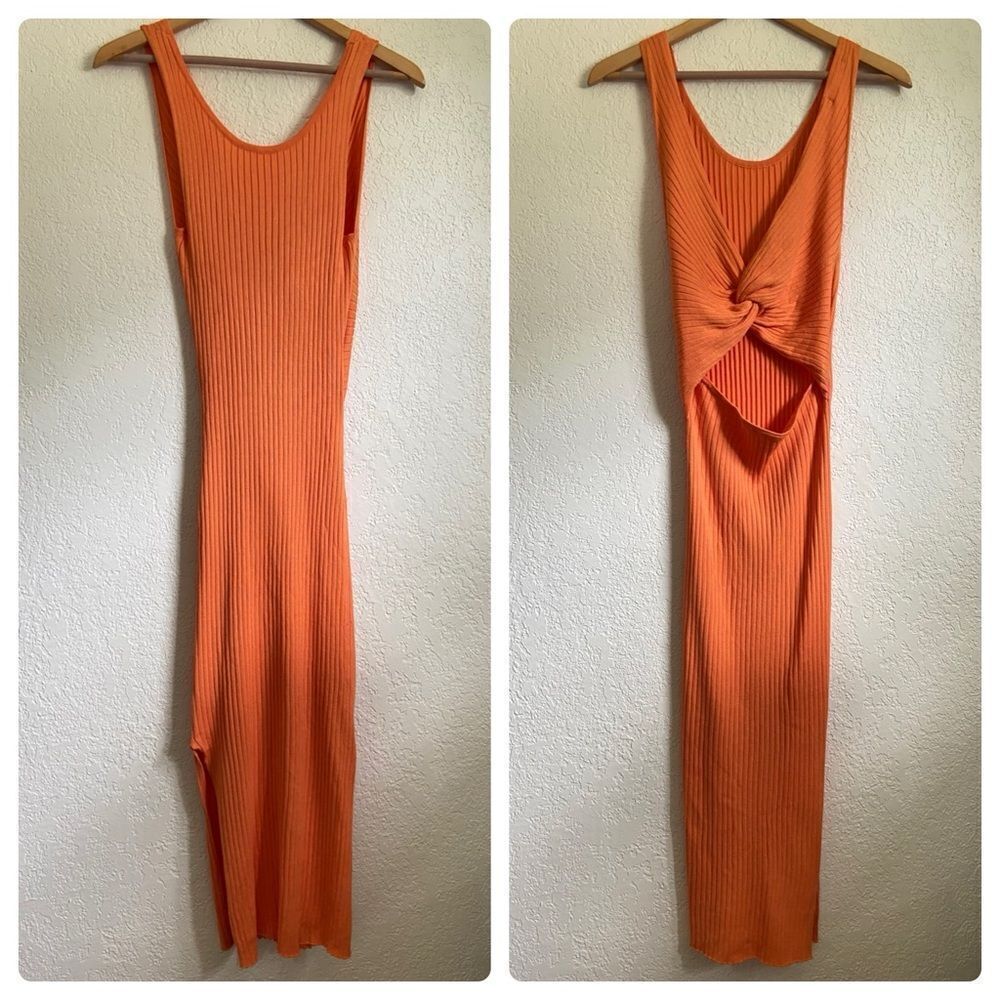 Jolie & Joy Sleeveless Ribbed Twist Back Orange Sweater Pencil Bodycon Dress